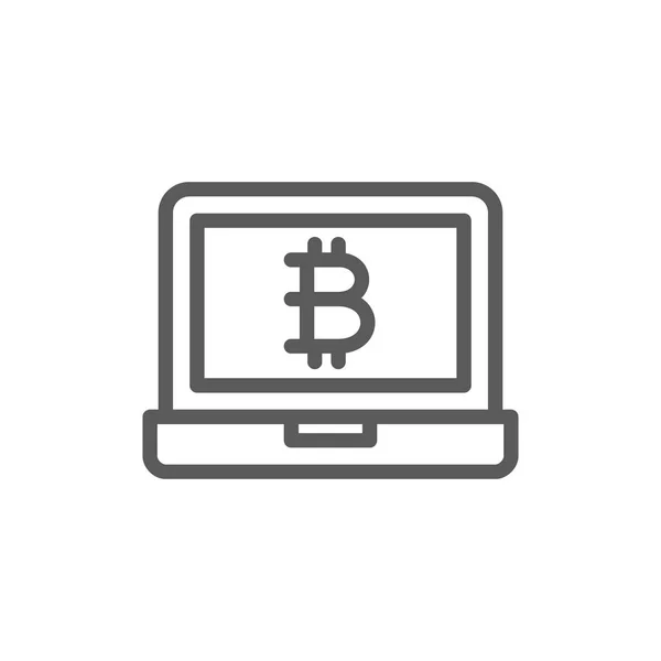 Exibição de laptop com sinal bitcoin, ícone de linha blockchain . —  Vetores de Stock