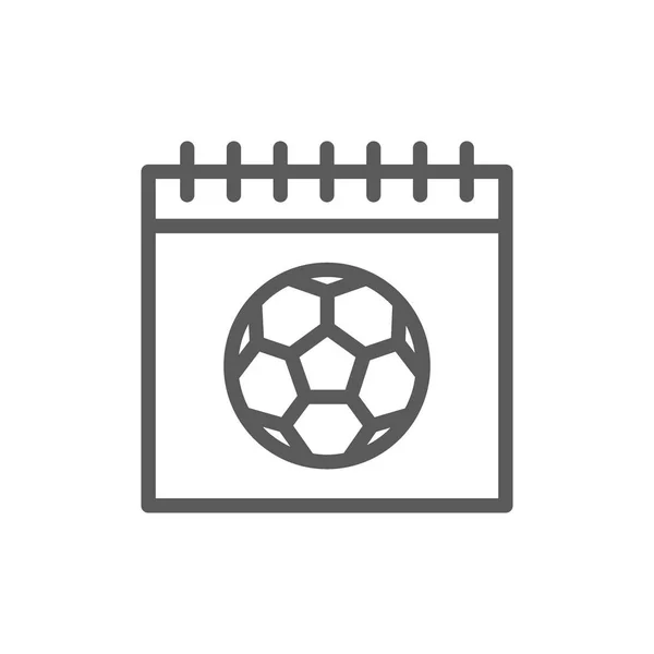 Kalender met voetbal, dag van lijn spelpictogram. — Stockvector