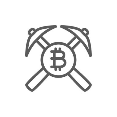 Bitcoin madeni para ve kazma, blockchain, cryptocurrency satırı simgesi.