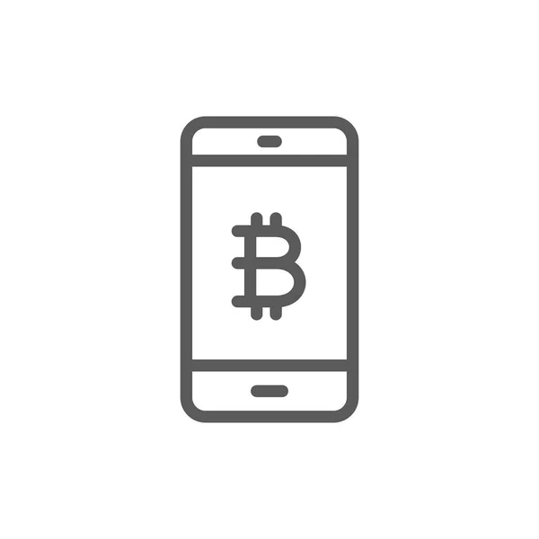Smartphone display with bitcoin sign, blockchain line icon. — Stock Vector