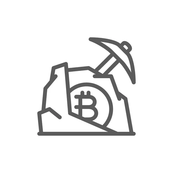 Pioche avec Bitcoin pierre, blockchain, icône de ligne crypto-monnaie . — Image vectorielle