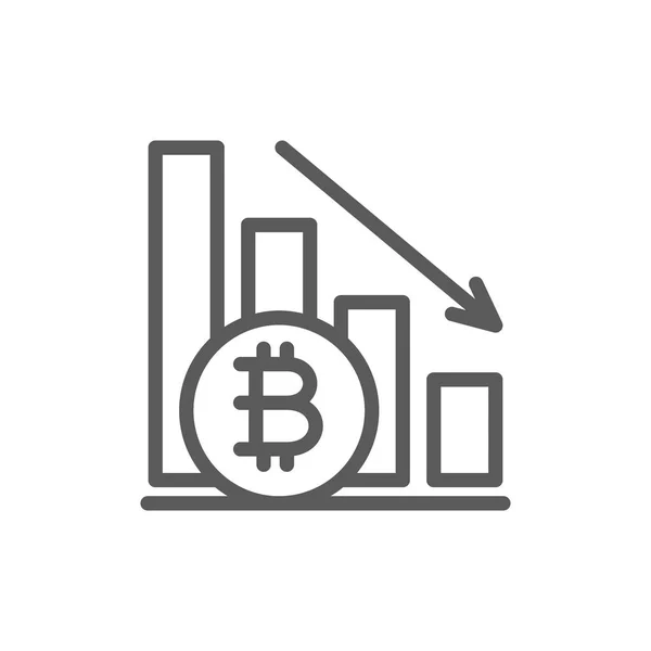 Abajo gráfico, moneda bitcoin, criptomoneda icono de línea . — Vector de stock