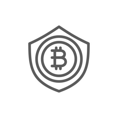 Bitcoin madeni para ile kalkan, koruma, blockchain satırı simgesi.
