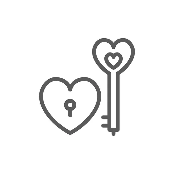 Schlüssel mit Herzschloss, Valentinstag-Liniensymbol. — Stockvektor