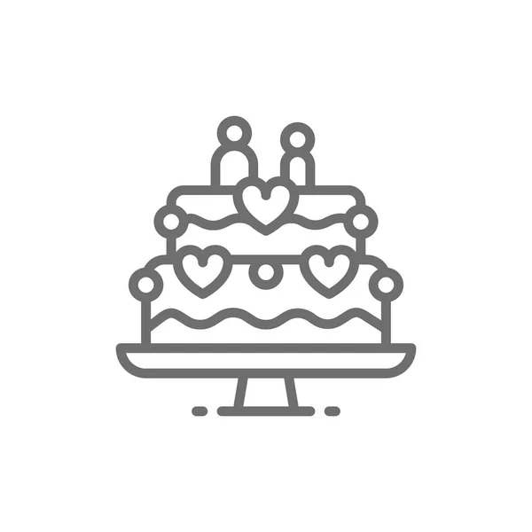 Wedding cake with figures of newlyweds line icon. — Stock Vector