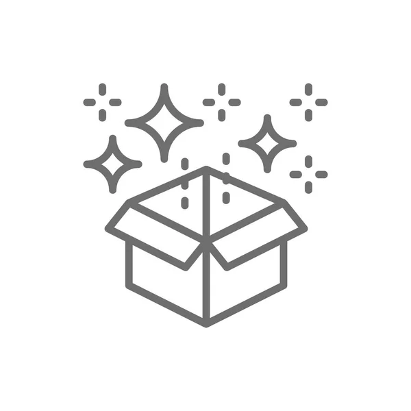 Caja mágica con confeti, icono de línea de regalo . — Vector de stock