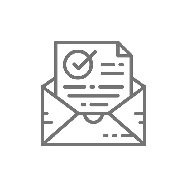 Lettre de confirmation, cochée, enveloppe avec document et coche, livraison par e-mail réussie, icône de ligne de vérification . — Image vectorielle
