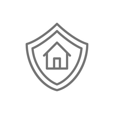 Ev koruması, ev ile kalkan, mülkiyet sigortası hattı simgesi.