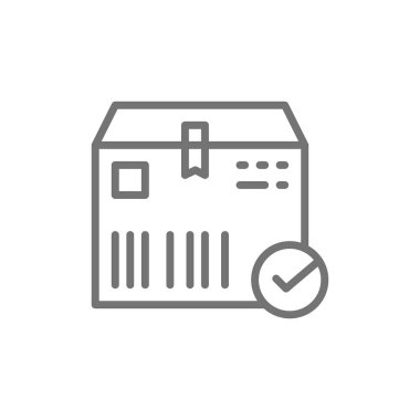 Onay işareti ile karton kutu, kargo teslim, teslimat doğrulandı hat simgesi.