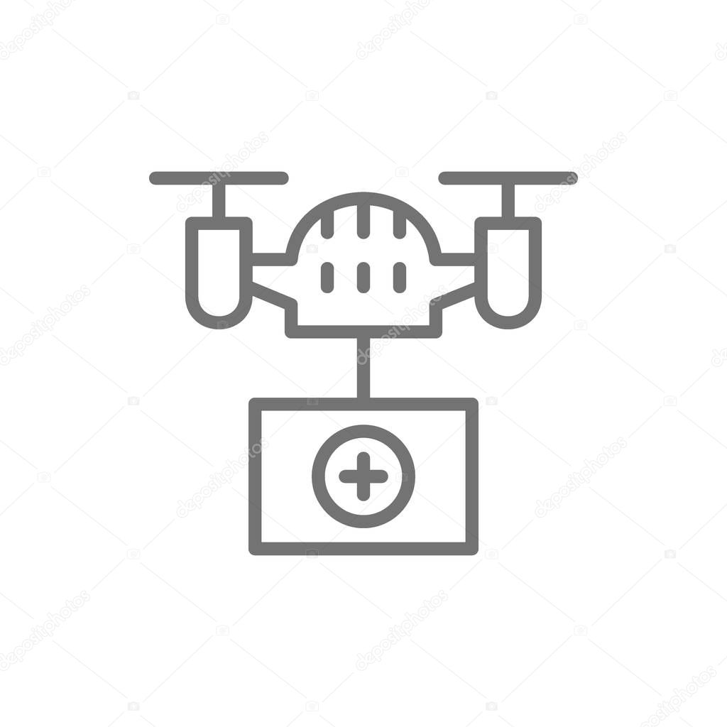 Drone with medical box, fast delivery, transportation line icon.