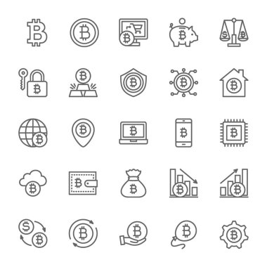 Bitcoin ve kripto para hattı simgeleri seti. 48x48 piksel simgeleri paketi