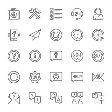 Yardım ve destek satırı simgeleri kümesi. Çağrı Merkezi, sohbet mesajı, Iletişim ve daha fazlası.