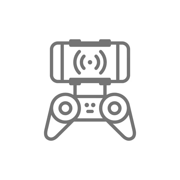 Pannello di controllo mobile per drone con onde radio, telecomando, icona linea gamepad . — Vettoriale Stock