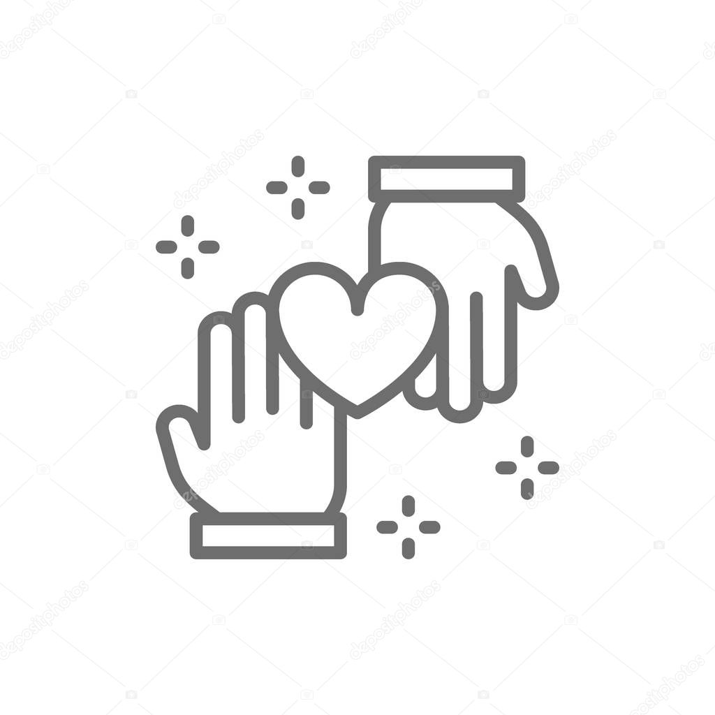 Vector hands with heart, donation, volunteering, charity, good deeds line icon. Symbol and sign illustration design. Isolated on white background