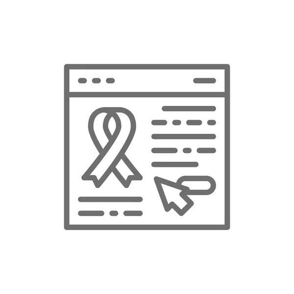 Site Web de dons, page Web avec ruban de sensibilisation, transplantation d'organes, lutte contre le cancer, bénévolat, icône de la ligne de bienfaisance . — Image vectorielle