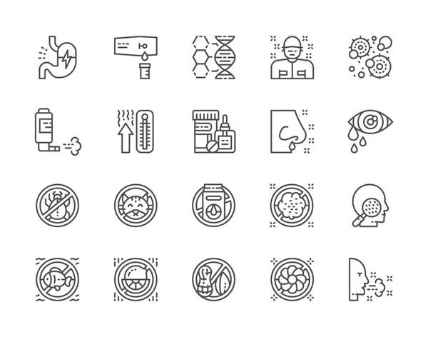 Set of Allergy and Allergens Line Icons. Patient, Thermometer, Microbes and more — Stock Vector