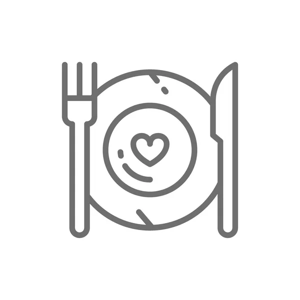 Здорова їжа, тарілка з виделкою та ножем, значок лінії меню ресторану . — стоковий вектор