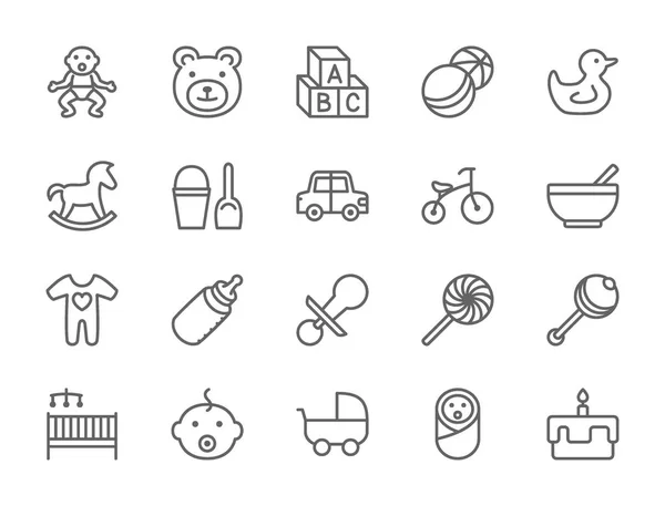 Conjunto de iconos de la línea bebé e infancia. Juguetes, Bicicleta, Pezón, Cochecito y más . — Vector de stock