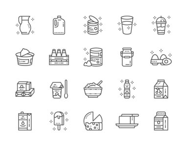 Süt ürünleri hattı simgeleri seti. Süt, krem, kefir, yoğurt, milkshake ve daha fazlası