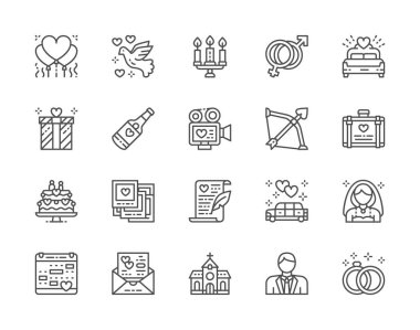 Düğün hattı simgeler kümesi. Gelin yatak, limuzin, Gelin, damat ve daha fazlası.