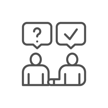 Adam cevaplar soruları, konuşma balonu olan insanlar, iletişim hattı simgesi.