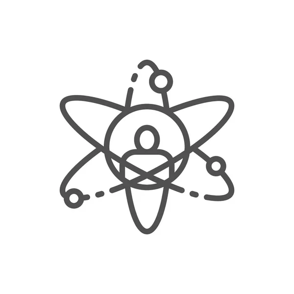 Ember-ban Atom, tudós, teendő folyamat, személyes fejlődés vonal ikon. — Stock Vector