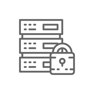 Güvenli sunucu, korumalı veri merkezi, web barındırma, bulut bilgi işlem hattı simgesi.