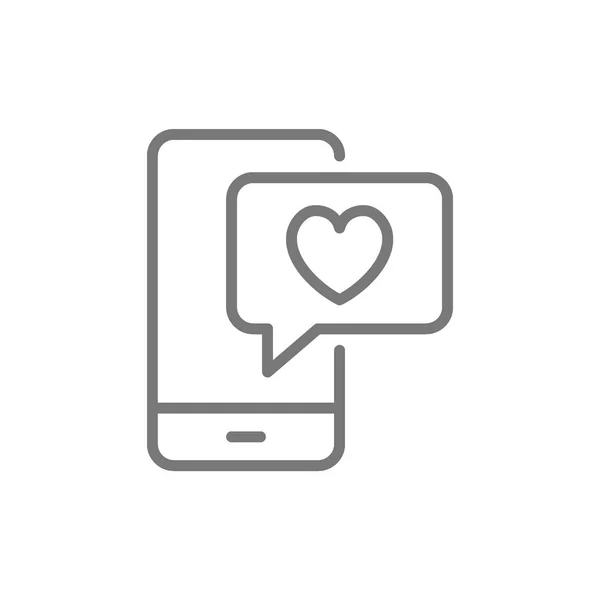 Téléphone avec bulle cardiaque, chat d'amour, comme message, icône de ligne de rétroaction positive . — Image vectorielle