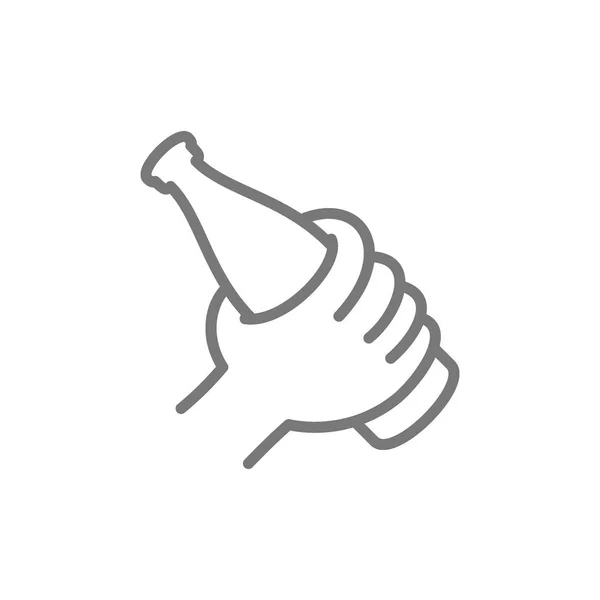 Hand houden bier fles lijn pictogram. — Stockvector