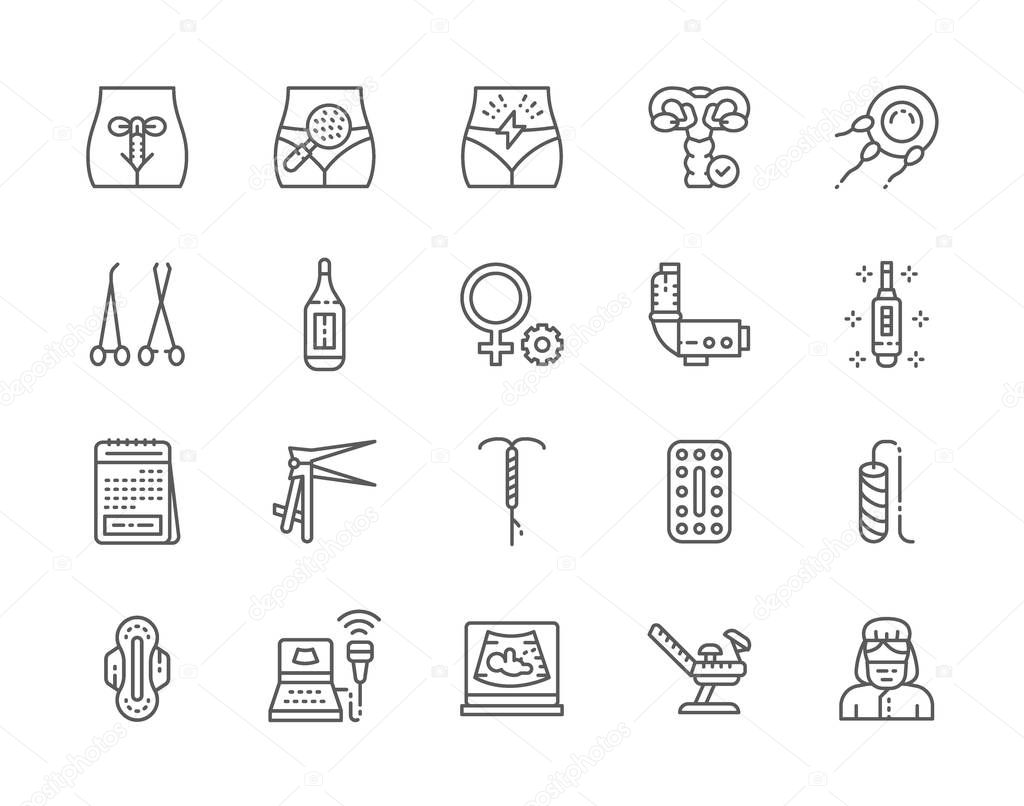 Set of Gynecology Line Icons. Thermometer, Pregnancy Test, Tampon and more