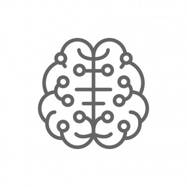 Yapay zeka beyni, devre kartına bağlı, dijital düşünme çizgisi simgesi.