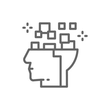 Robot kafası, devre kartına bağlı beyin, dijital düşünme, yapay zeka çizgisi simgesi.