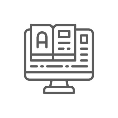 Online eğitim, kitap satırı simgesi ile monitör.
