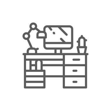 İş yeri, bilgisayar ve lamba satırı simgesi olan masa.