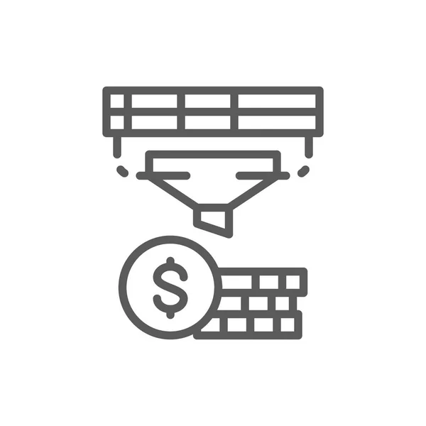 Funnel with money, finance conversion, optimization income line icon. — Stock Vector