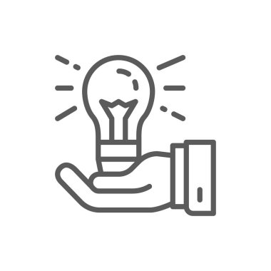 Elinde ampul, fikir üretimi, yaratıcı çizgi simgesi.