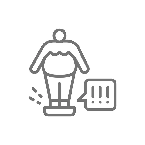 Hombre gordo en balanzas, icono de línea de control de peso . — Vector de stock