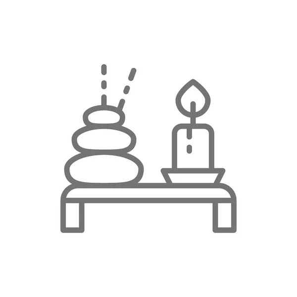Spa, piedra caliente tailandesa con icono de la línea de velas . — Vector de stock