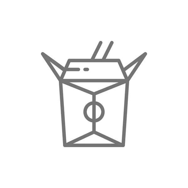 Comida china en caja con palillos de bambú, icono de línea para llevar . — Archivo Imágenes Vectoriales