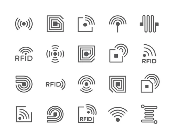 Conjunto de ícones de linha de chip RFID. Antena, Circuito, Tag, Fio, Sem fio e muito mais . — Vetor de Stock