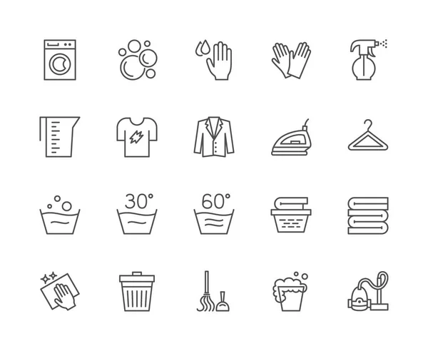 Set di icone della linea di lavanderia. Lavatrice, guanti, T-shirt, appendiabiti e altro ancora . — Vettoriale Stock