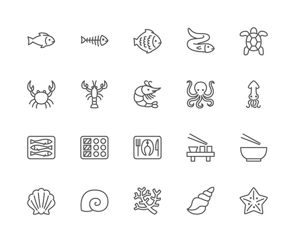 Set of Seafood Line Icons. Fishbone, Fish, Flounder, Eel, Turtle, Crab and more. — Stock Vector