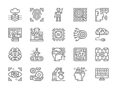 Yapay Zeka Çizgi Simgeleri kümesi. Chatbot, Büyük Veri, Veritabanı ve daha fazlası.
