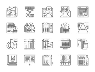 Muhasebe Rapor Satırı Simgeleri kümesi. Sunum, Banka Hesabı, Özgeçmiş ve daha fazlası