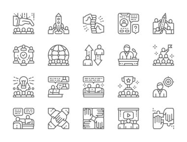 Takım Çalışması Çizgisi Simgeleri kümesi. Başlangıç, Liderlik, Uluslararası Ekip ve daha fazlası.