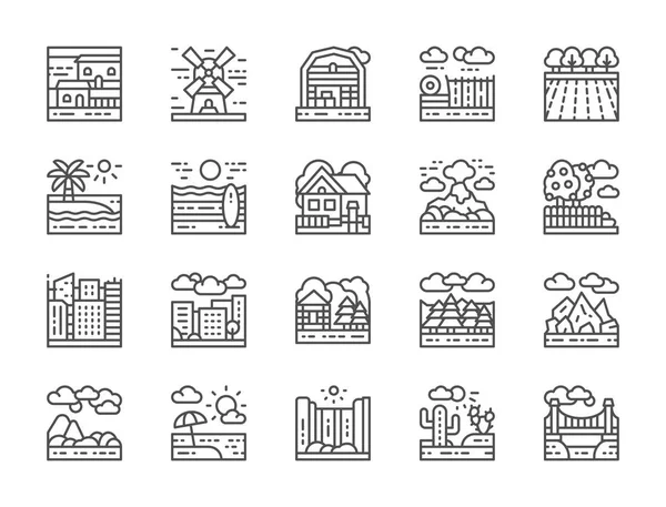 Conjunto de ícones de linha de paisagem. Ponte, Deserto, Cachoeira, Praia, Floresta e mais . — Vetor de Stock