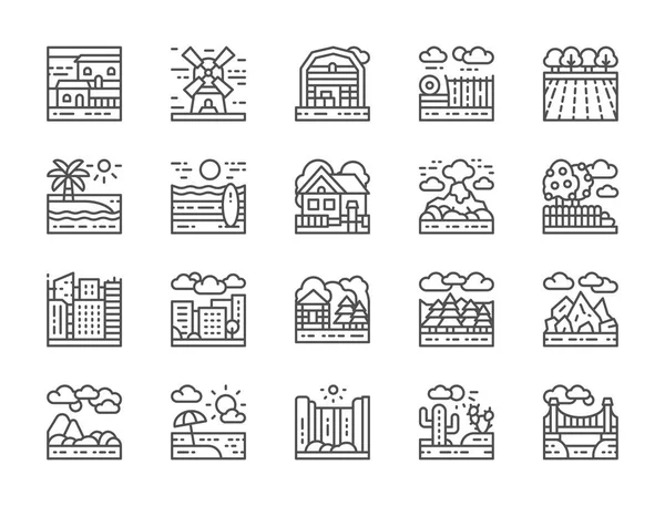 横向きの線のアイコンのセット。橋、砂漠、滝、ビーチ、森林など. — ストックベクタ