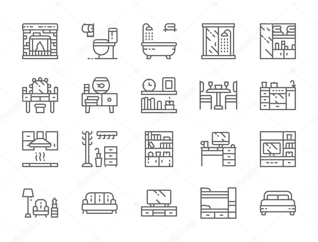 Set of Furniture Line Icons. Fireplace, Toilet, Bathtub, Wardrobe and more.