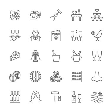 Şarap Hattı Simgeleri seti. Alkol Menüsü, Kokteyl, Tirbuşon, Garson ve daha fazlası.
