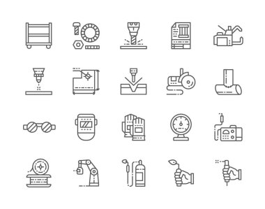 Set of Welding Line Icons. Spot Machine, Washers, Bolts, Blowtorch and more. clipart